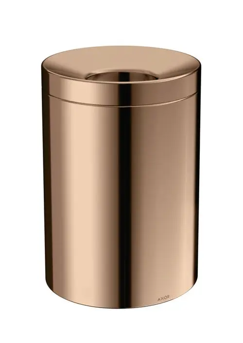 Eleganter, glänzender Abfallbehälter in Roségold von AXOR, mit einer runden Form und einem praktischen Deckel. Ideal für moderne Badezimmer oder stilvolle Wohnräume.